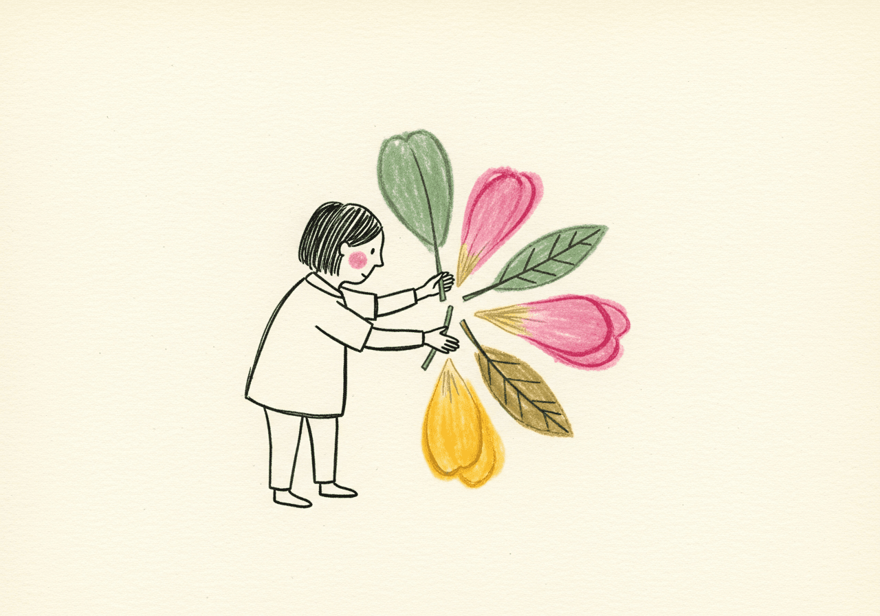A small figure gathering a bouquet of colorful petals — each one a part