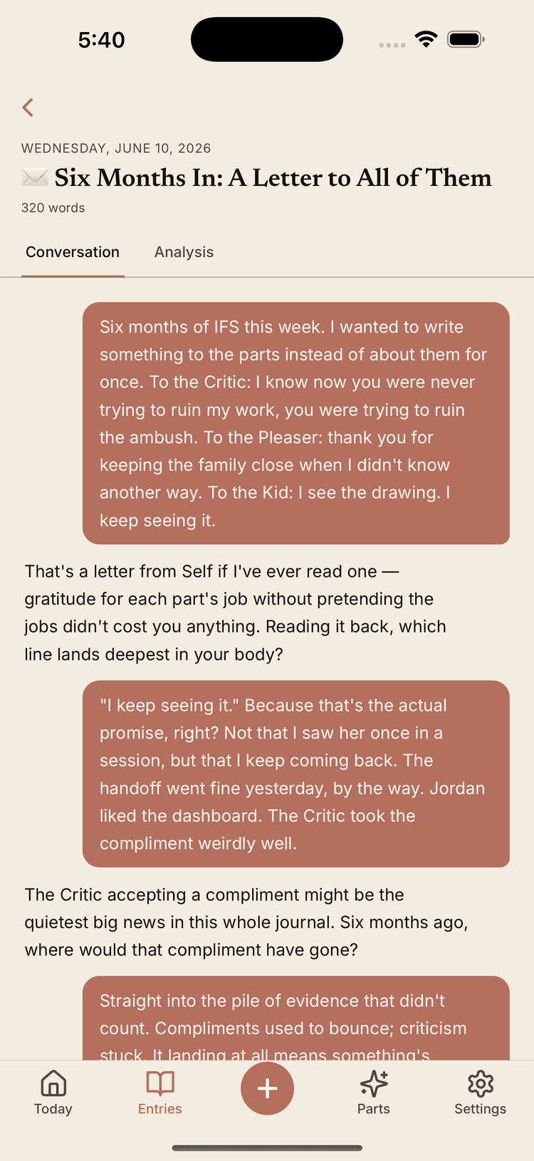 A journaling conversation in All My Parts, with a guided reflective prompt
