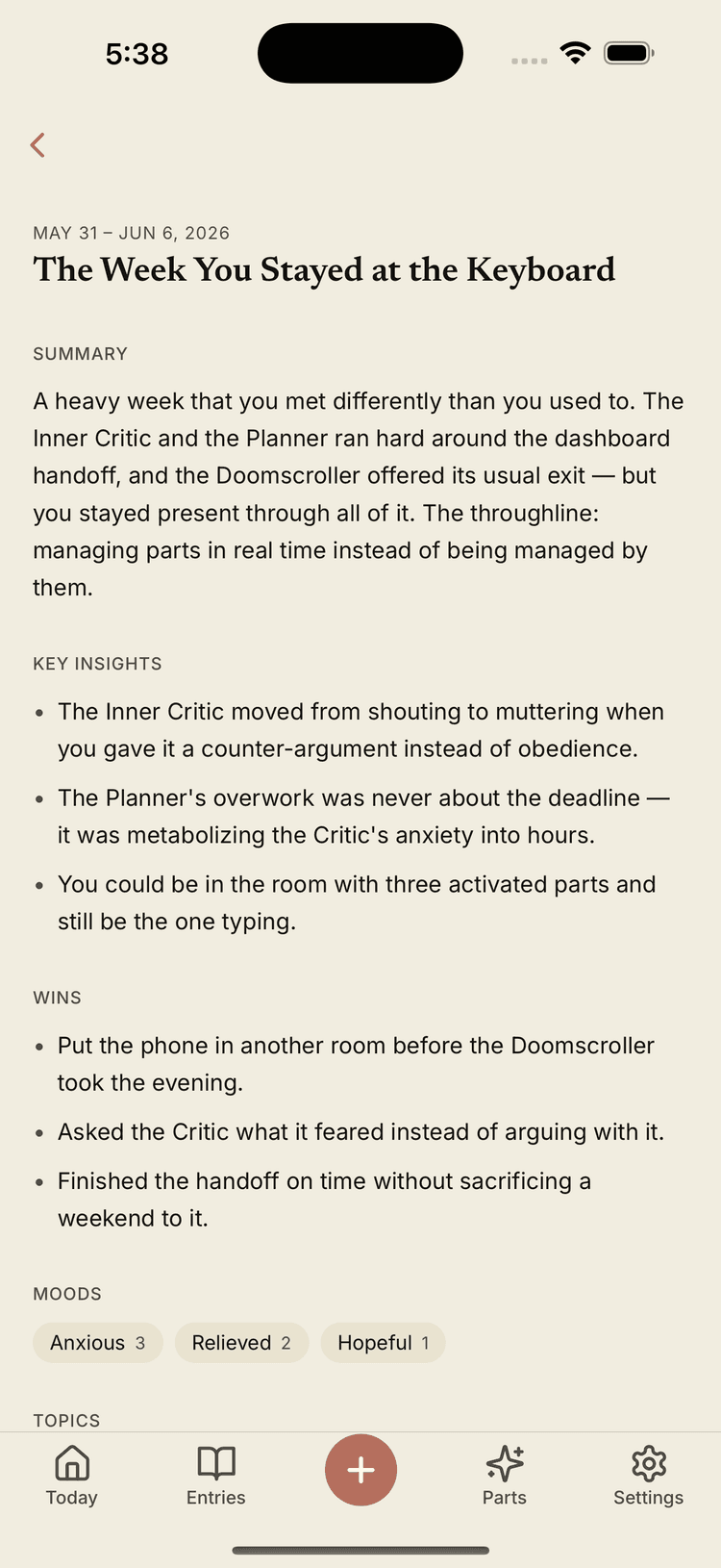 A weekly report summarizing which parts were active and what changed