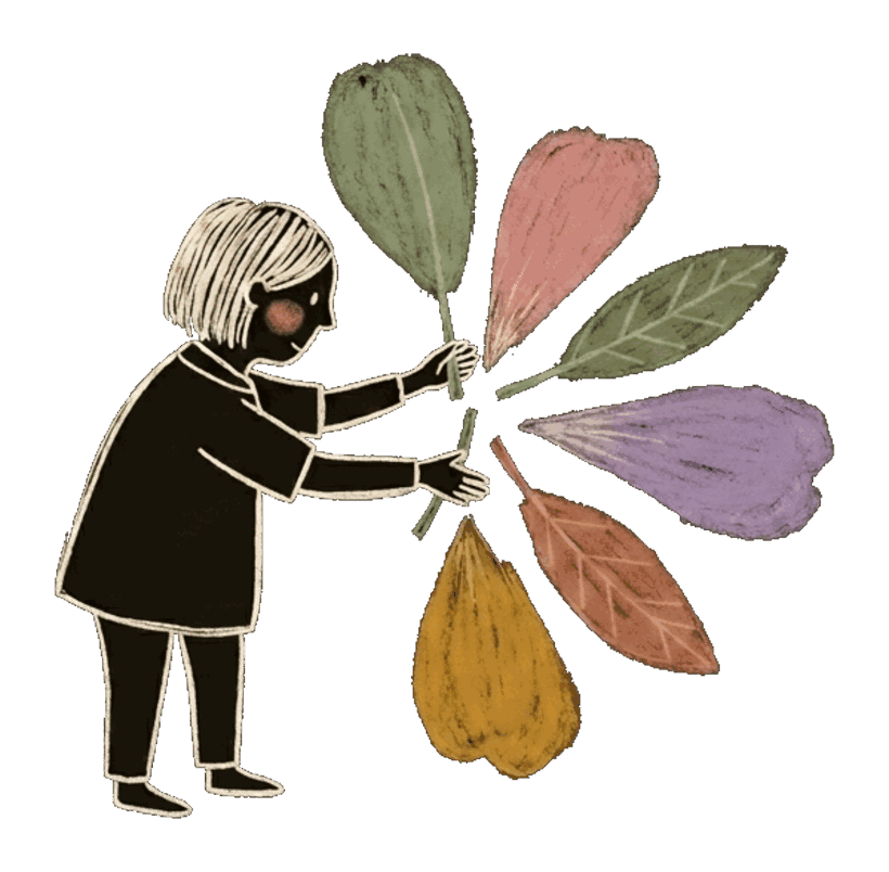 A small figure gathering a bouquet of colorful petals — each one a part